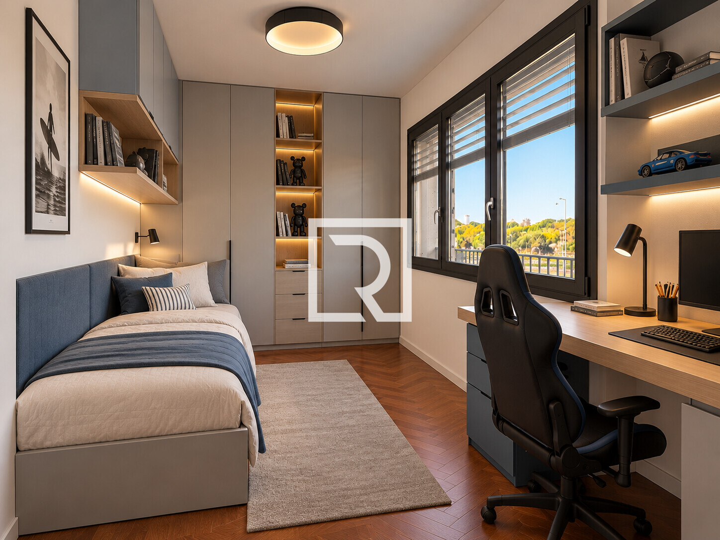Camera da letto moderna con area studio