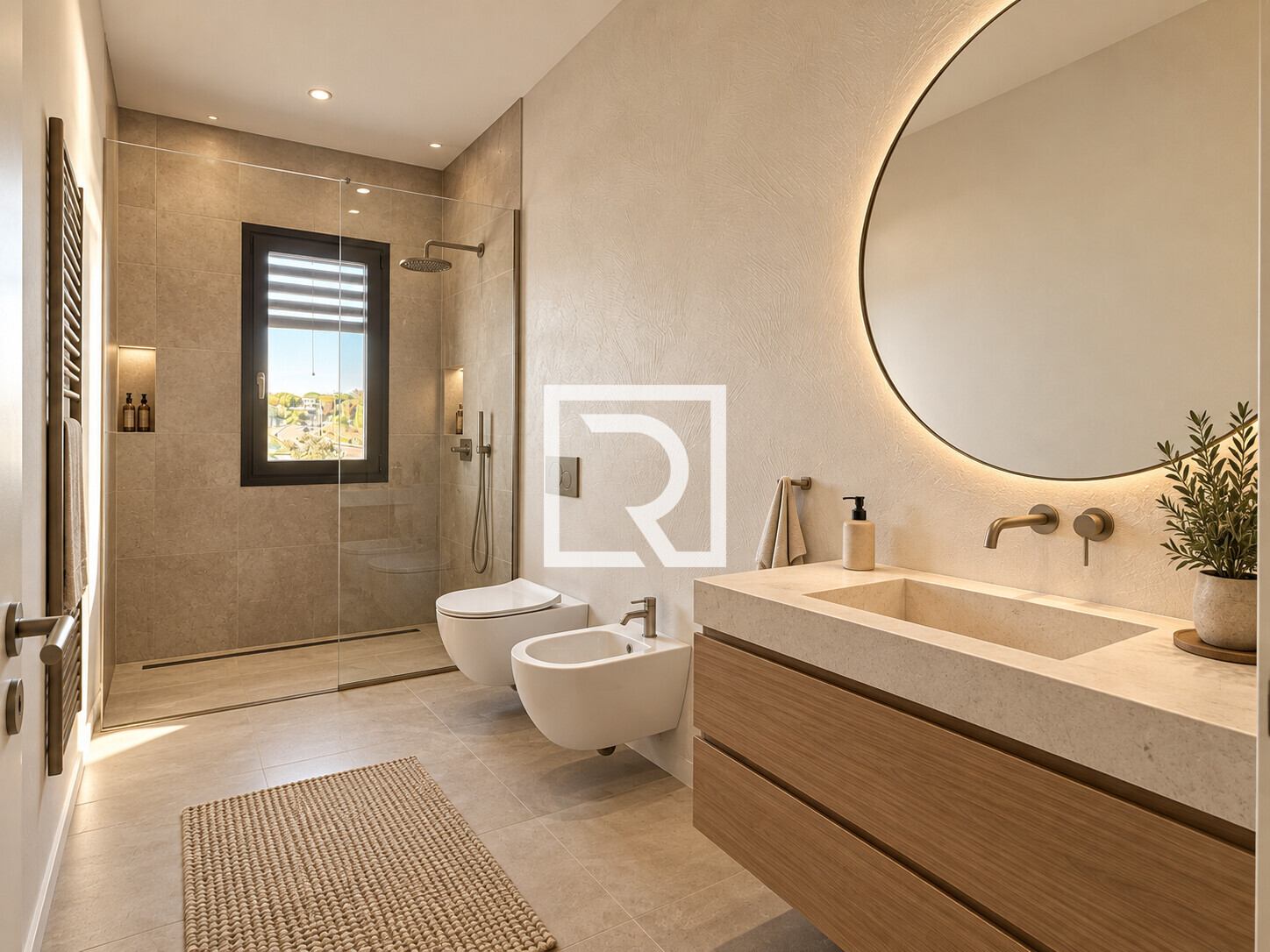 Bagno moderno beige con doccia walk-in