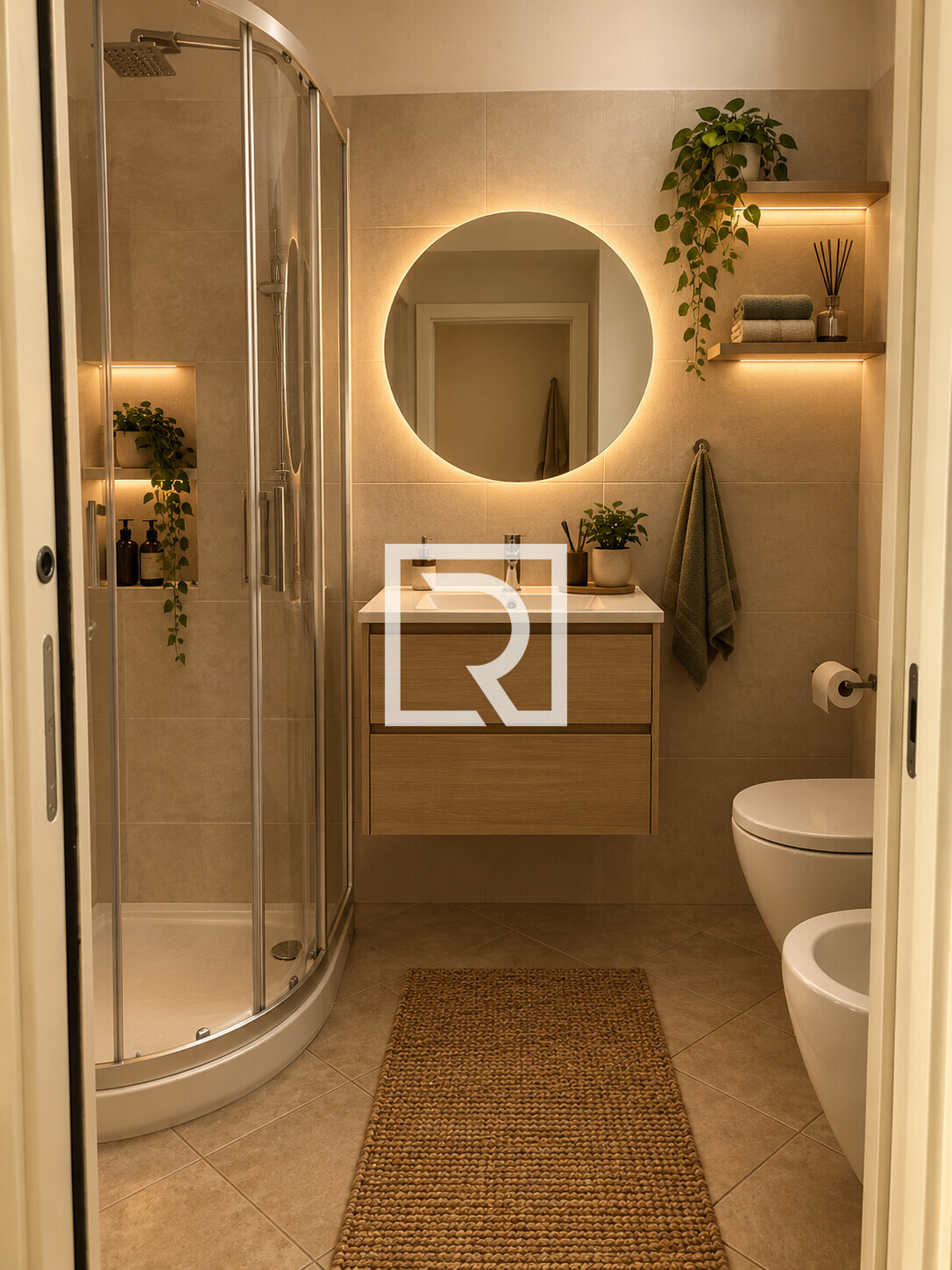Bagno moderno caldo con doccia e piante