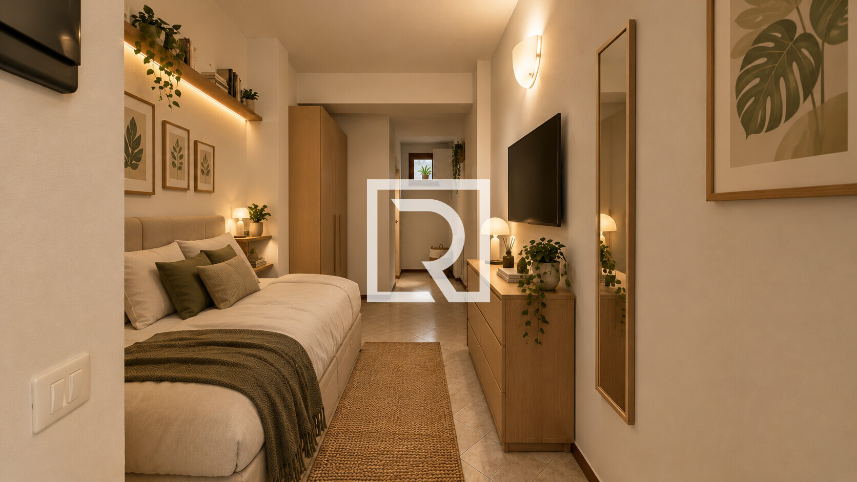 Camera da letto scandinava stretta e accogliente