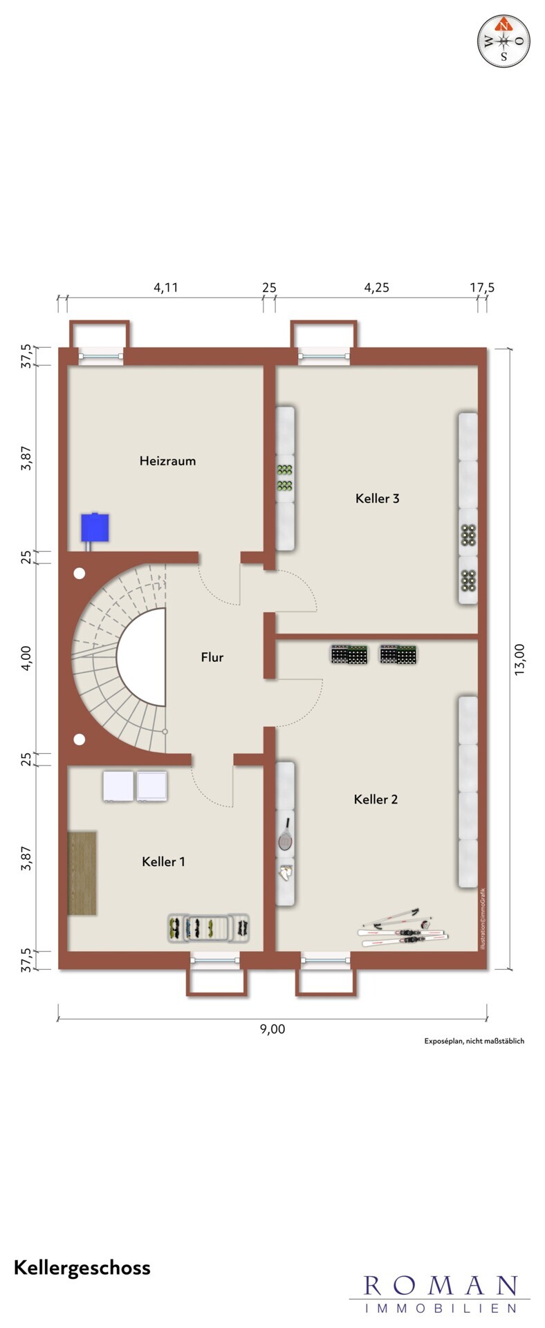 Grundriss Kellergeschoss mit Möblierungsvorschlag