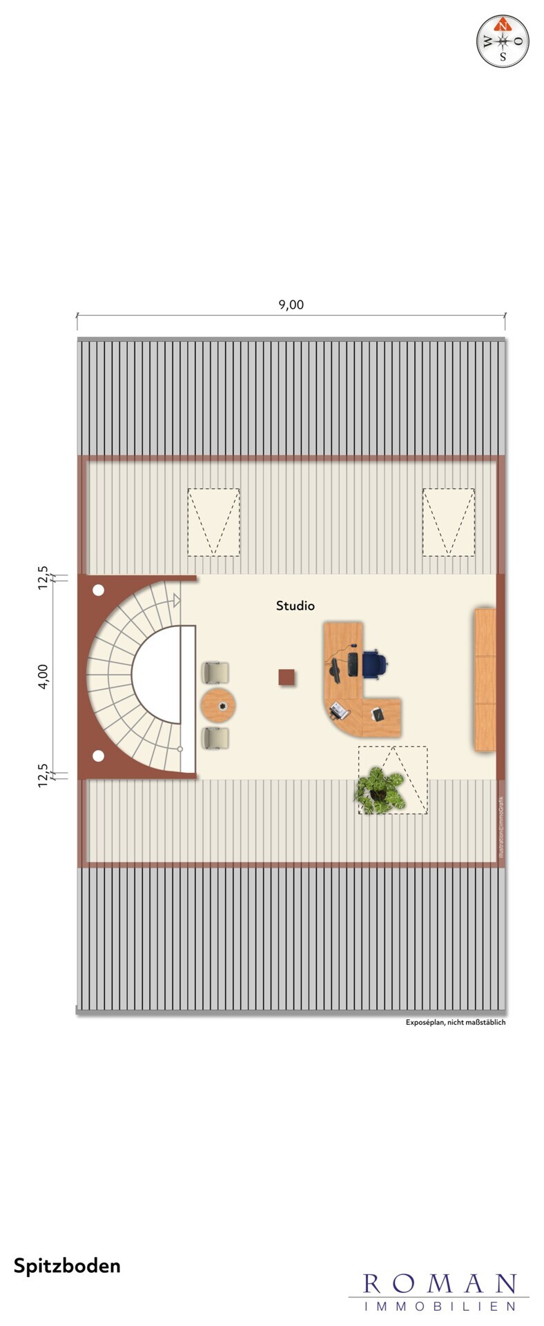Grundriss Spitzboden mit Möblierungsvorschlag