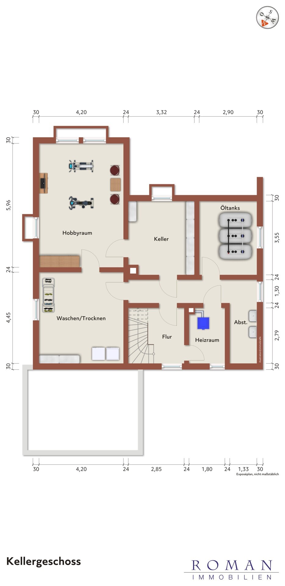 Grundriss Kellergeschoss mit Möblierungsvorschlag
