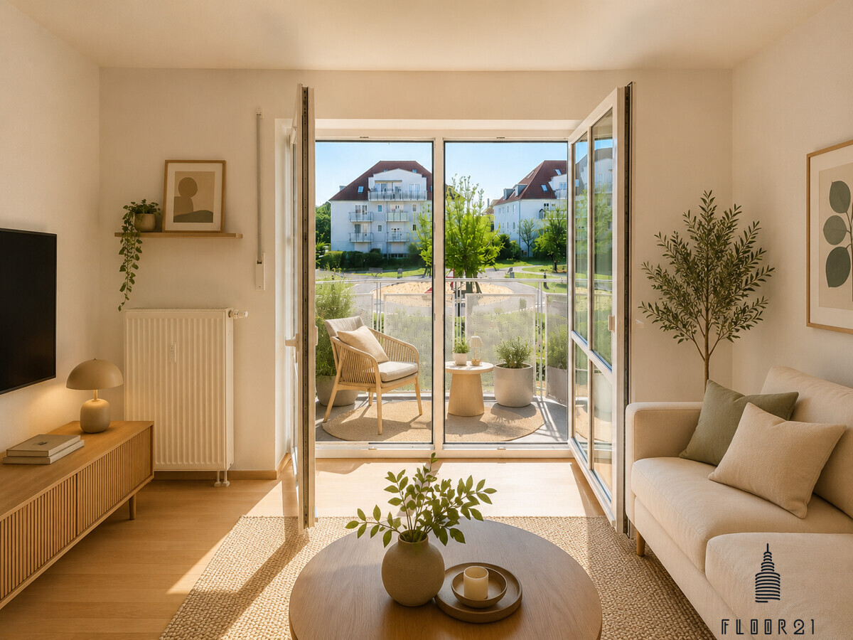 Wohnzimmer mit Zugang zum Balkon visualisiert