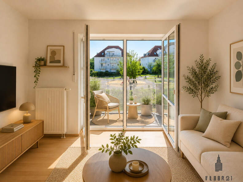 Wohnzimmer mit Zugang zum Balkon visualisiert