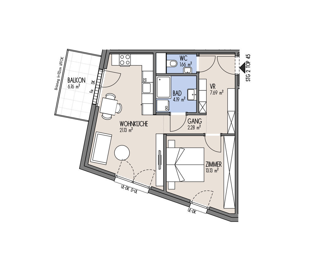 NordGlck - Zwei Zimmer zum Verlieben Optimale Raumaufteilung fr Singles & Paare - Top 02-45 /  / 1210 Wien / Bild 2