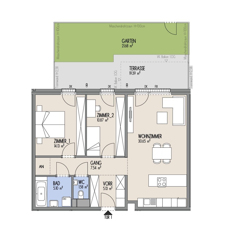 Hof am Park - Hofseitige 3-Zimmer-Gartenwohnung mit Grnblick und einer Raumhhe von 3,24 m - Top 1.1 /  / 1220 Wien / Bild 1