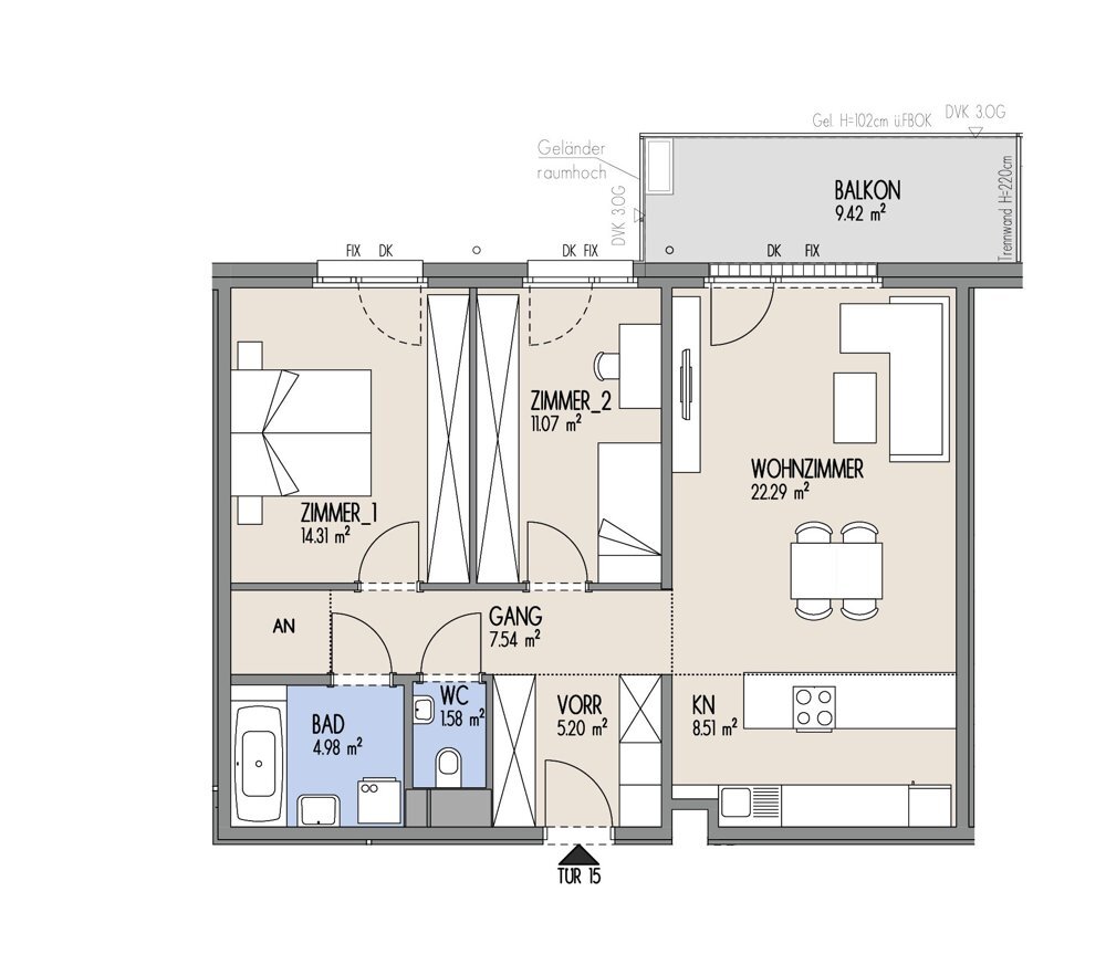 Hof am Park - 3-Zimmer-Wohnung mit stlich ausgerichtetem Balkon im 2. OG - Top 1.15 /  / 1220 Wien / Bild 1