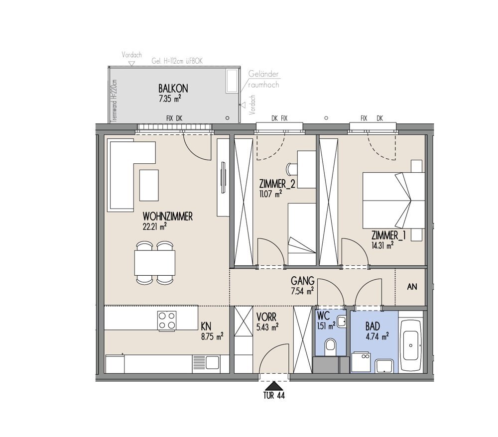 Hof am Park - Hofseitige 3-Zimmer-Wohnung mit Balkon und Blick ins Grne - Top 1.44 /  / 1220 Wien / Bild 1