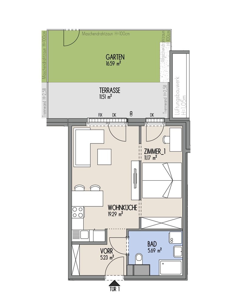 Hof am Park - Gemtliche 2-Zimmer-Wohnung mit einer Raumhhe von 3,24 m und Sd-Garten - Top 2.1 /  / 1220 Wien / Bild 1