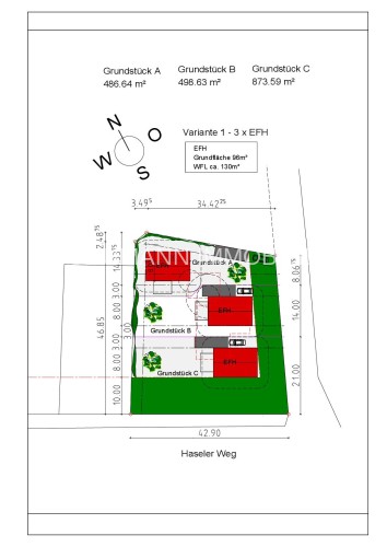 Lageplan Variante 1 - 3 x EFH-001