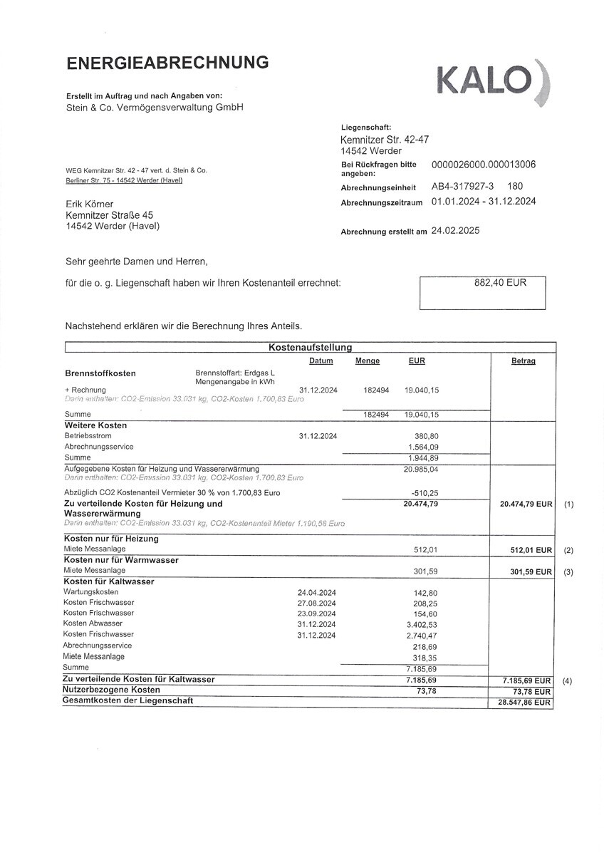 Erdgas - Kostenaufstellung - Warm- Kaltwasser - Heizung - 2024 (1)