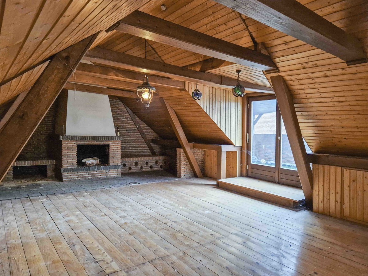 Wohnbereich mit Kamin und Zugang zur Dachterrasse im OG