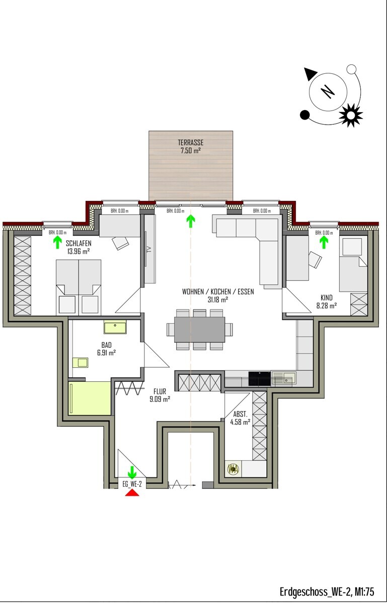 WE-2 | Erdgeschoss mitte| 3 Zi | 82 m² | Terrasse | € 1100,- Kaltmiete | € 165,- Nebenkosten