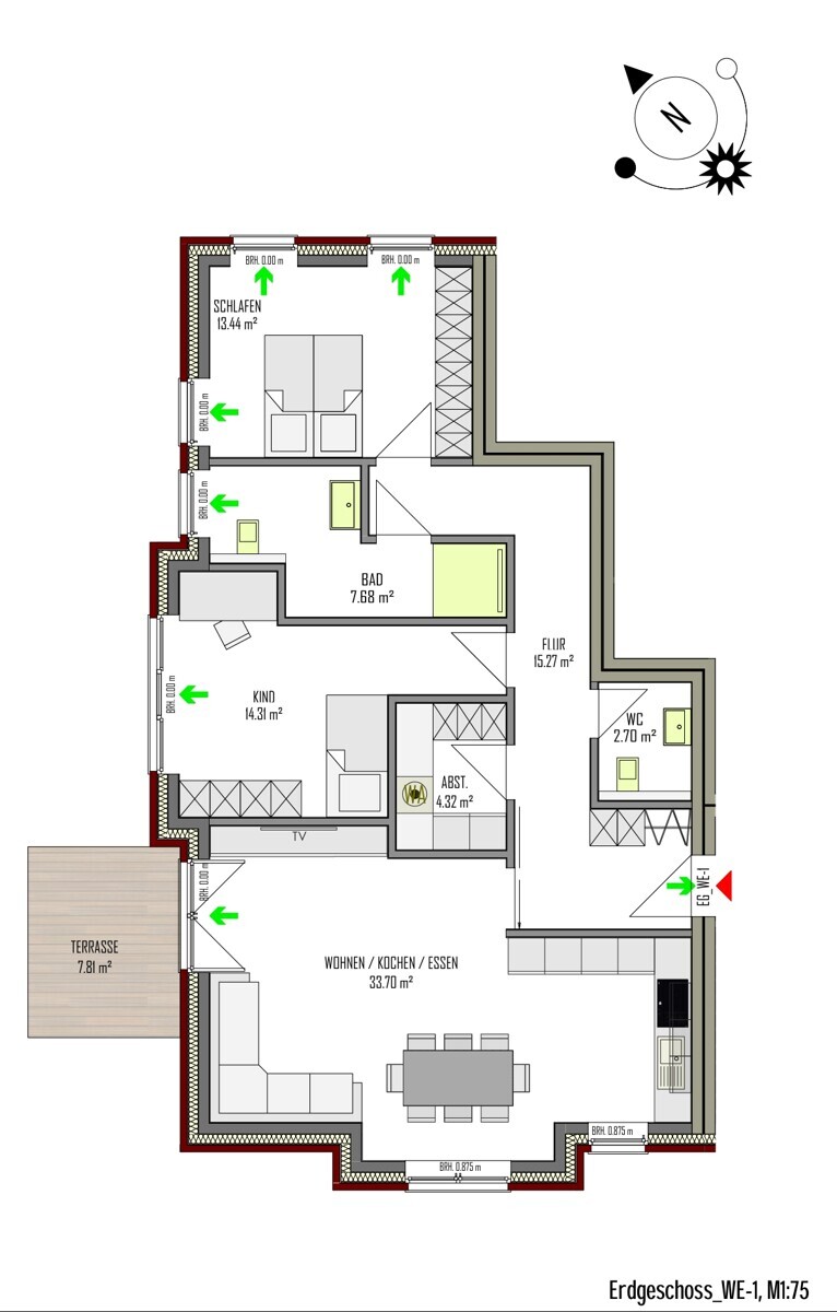 WE-1 | Erdgeschoss links | 3 Zi | 100 m² | Terrasse | € 1345,- Kaltmiete | € 200,- Nebenkosten