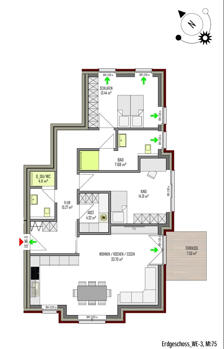 WE-3 | Erdgeschoss rechts | 3 Zi | 101 m² | Terrasse | € 1365,- Kaltmiete | € 200,- Nebenkosten