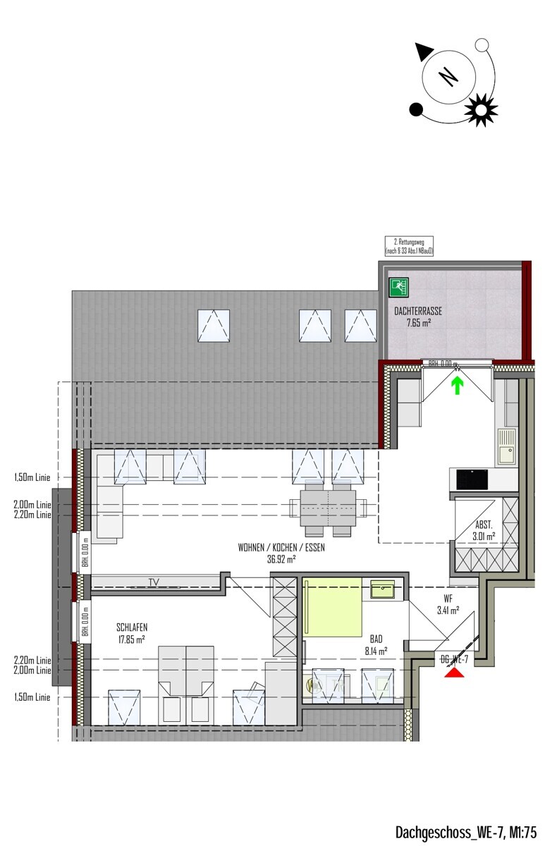WE-7 | Dachgeschoss links | 2 Zi | 65 m² | Dachterrasse | € 900,- Kaltmiete | € 130,- Nebenkosten