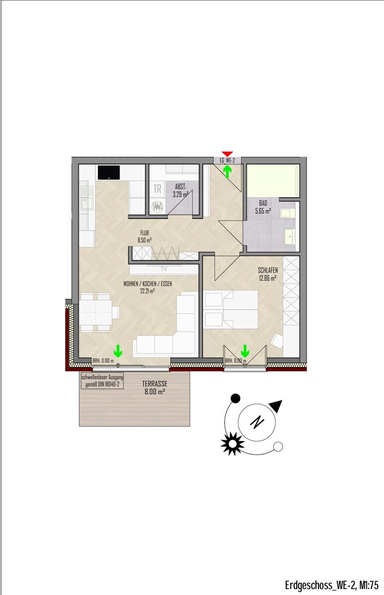 WE-2 | Erdgeschoss| 2 Zi | 59 m² | Terrasse | € 825,- Kaltmiete | € 125,- Nebenkosten
