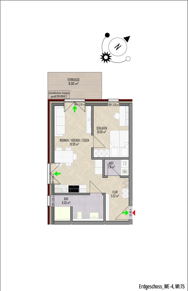 WE-4 | Erdgeschoss| 2 Zi | 51 m² | Terrasse | € 720,- Kaltmiete | € 110,- Nebenkosten