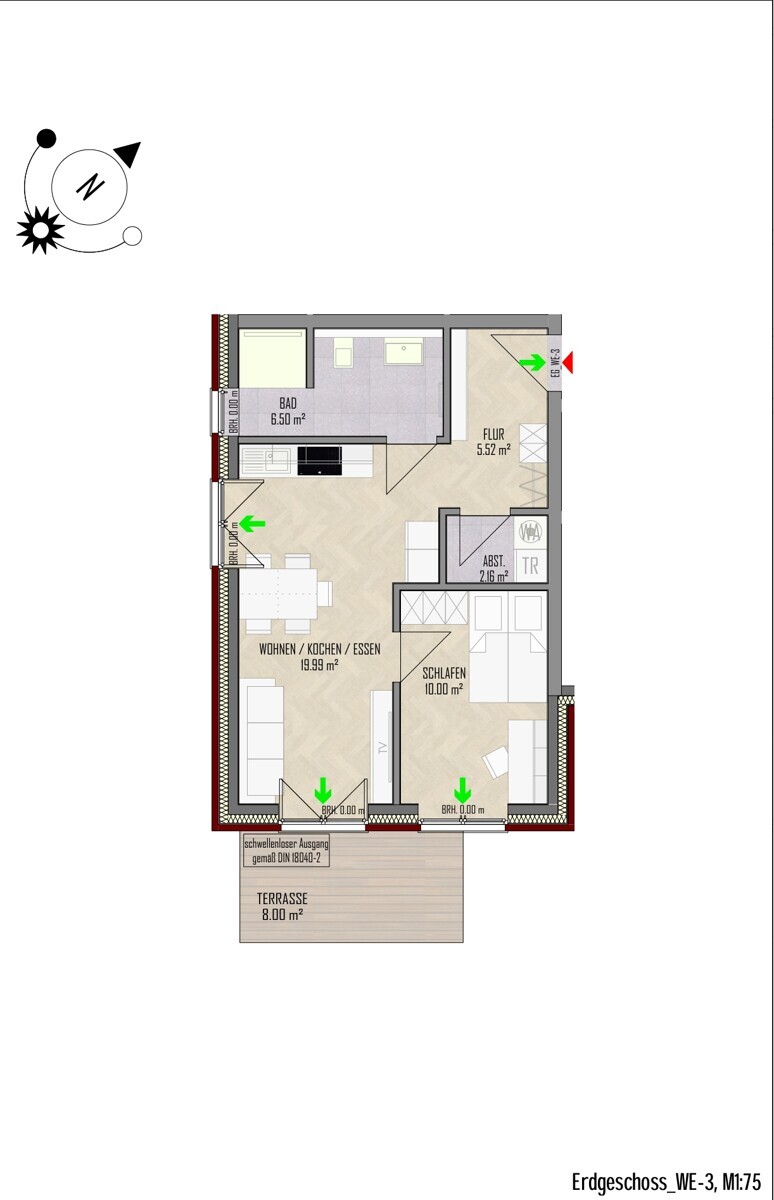 WE-3 | Erdgeschoss| 2 Zi | 52 m² | Terrasse | € 730,- Kaltmiete | € 110,- Nebenkosten