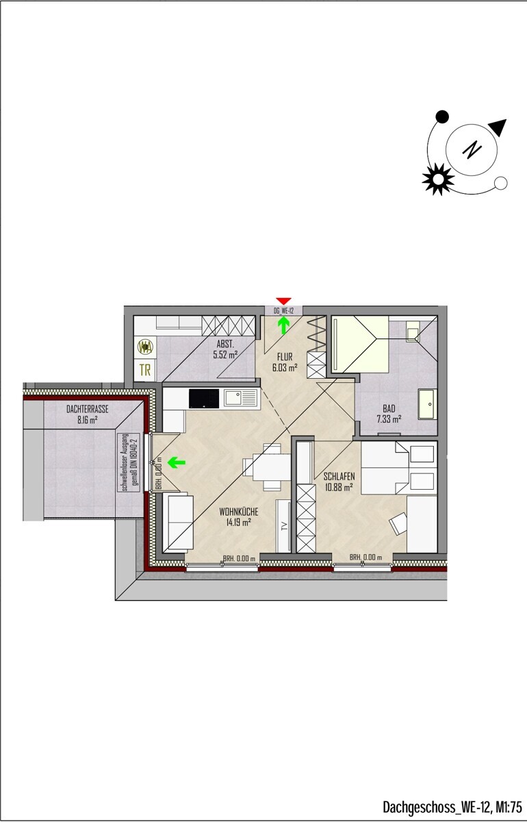 WE-12 | Dachgeschoss| 2 Zi | 49 m² | Balkon | € 690,- Kaltmiete | € 105,- Nebenkosten
