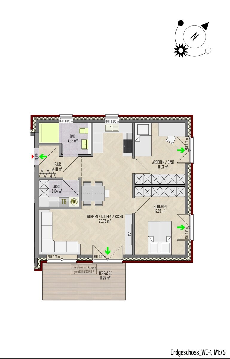 WE-1 | Erdgeschoss| 3 Zi | 74 m² | Terrasse| € 1025,- Kaltmiete | € 200,- Nebenkosten