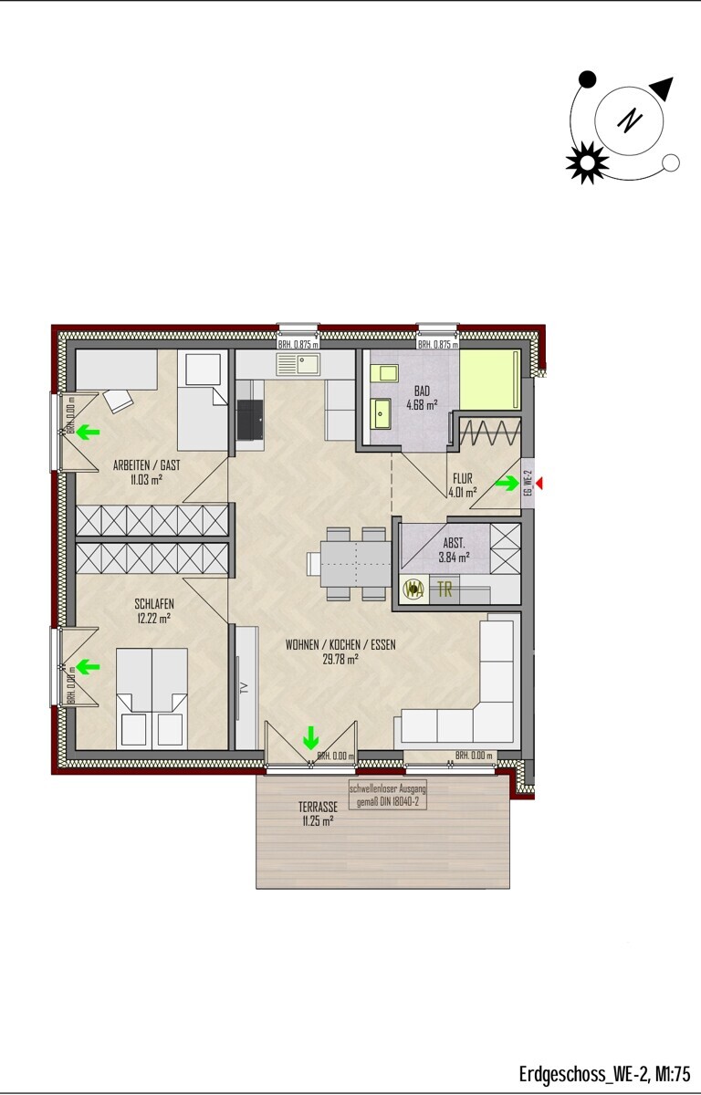 WE-2 | Erdgeschoss| 3 Zi | 74 m² | Terrasse| € 1025,- Kaltmiete | € 200,- Nebenkosten