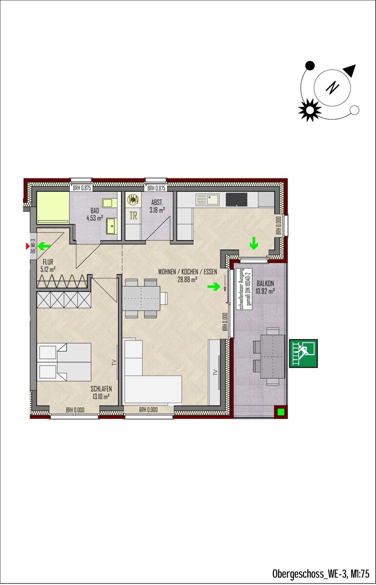 WE-3 | Obergeschoss| 2 Zi | 63 m² | Balkon| € 880,- Kaltmiete | € 170,- Nebenkosten