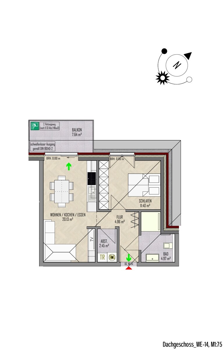 WE-14 | Dachgeschoss| 2 Zi | 49 m² | Balkon | € 690,- Kaltmiete | € 105,- Nebenkosten