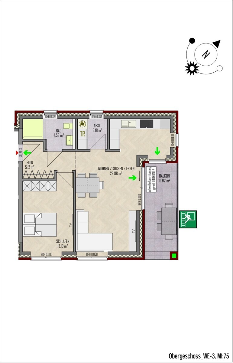 2. Gebäude | WE-4 | Obergeschoss| 2 Zi | 69 m² | Balkon| € 960,- Kaltmiete | € 185- Nebenkosten