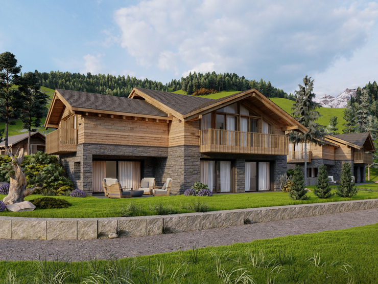 topspeed-immobilien-Ansicht Haus Sommer-Steiermark-Pichl-MONTE_LAGO_–_Luxuriöse_Alpenchalets_mit_erstklassigem_Renditepotenzial_Typ_Landhaus_9a/9b