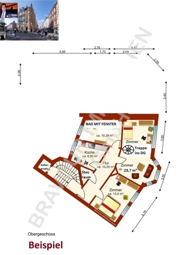 Beispiel einer Einheit im Hause- Pfeilstr_53-Ehrenstr_49_ET 4-Etagenbeispiel mit Maße - ET 4 ohne Dachspitze