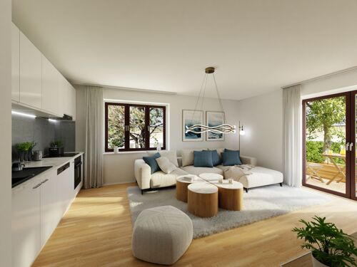 Unverbindliche Visualisierung des Wohn-, Koch- und Essbereichs