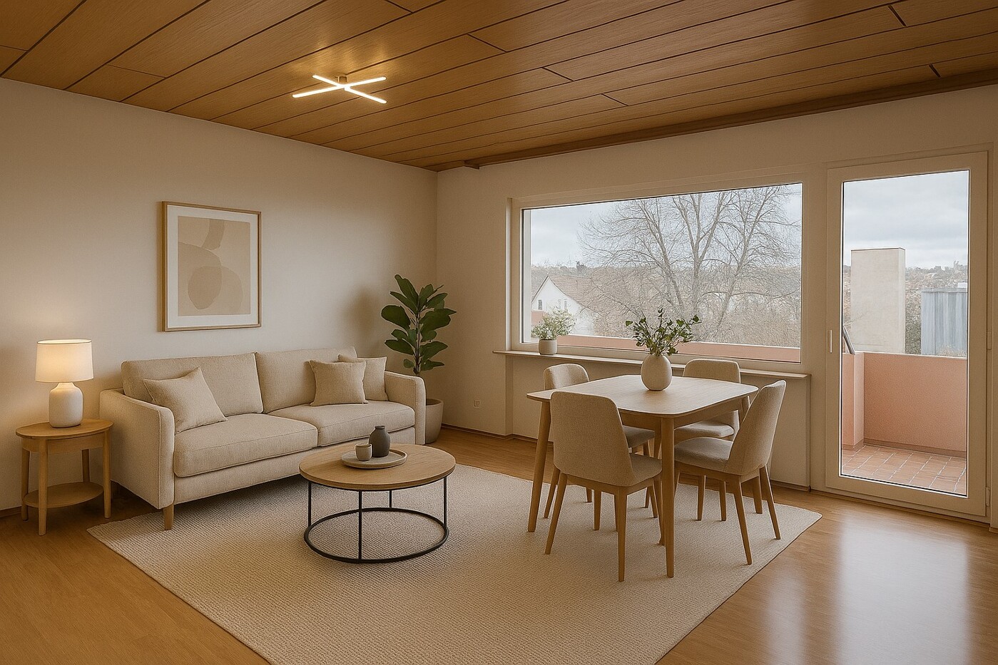 Wohnzimmer - Wohnbeispiel (KI-generierte Darstellung)  