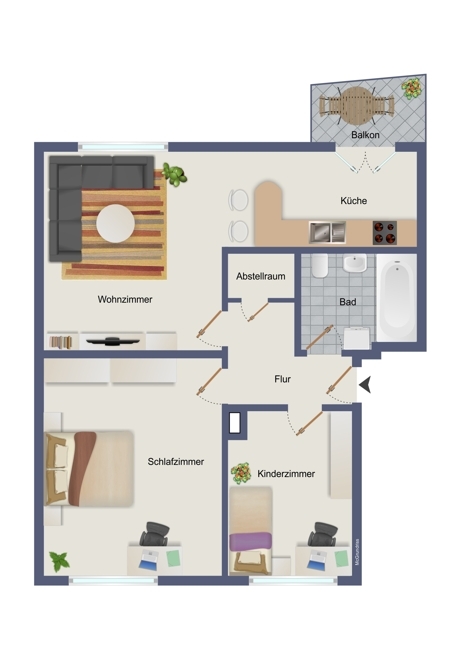Grundriss, Variante mit offener Küche und Wanne