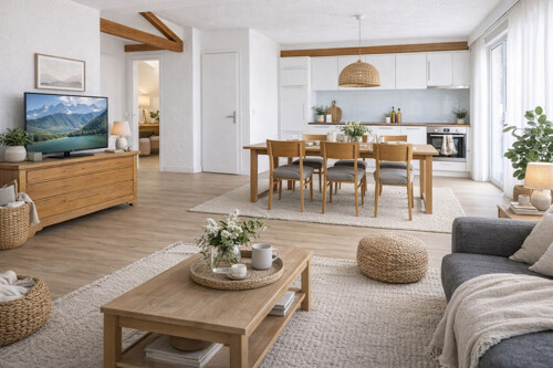 Helles skandinavisches Wohnzimmer im Taglicht
