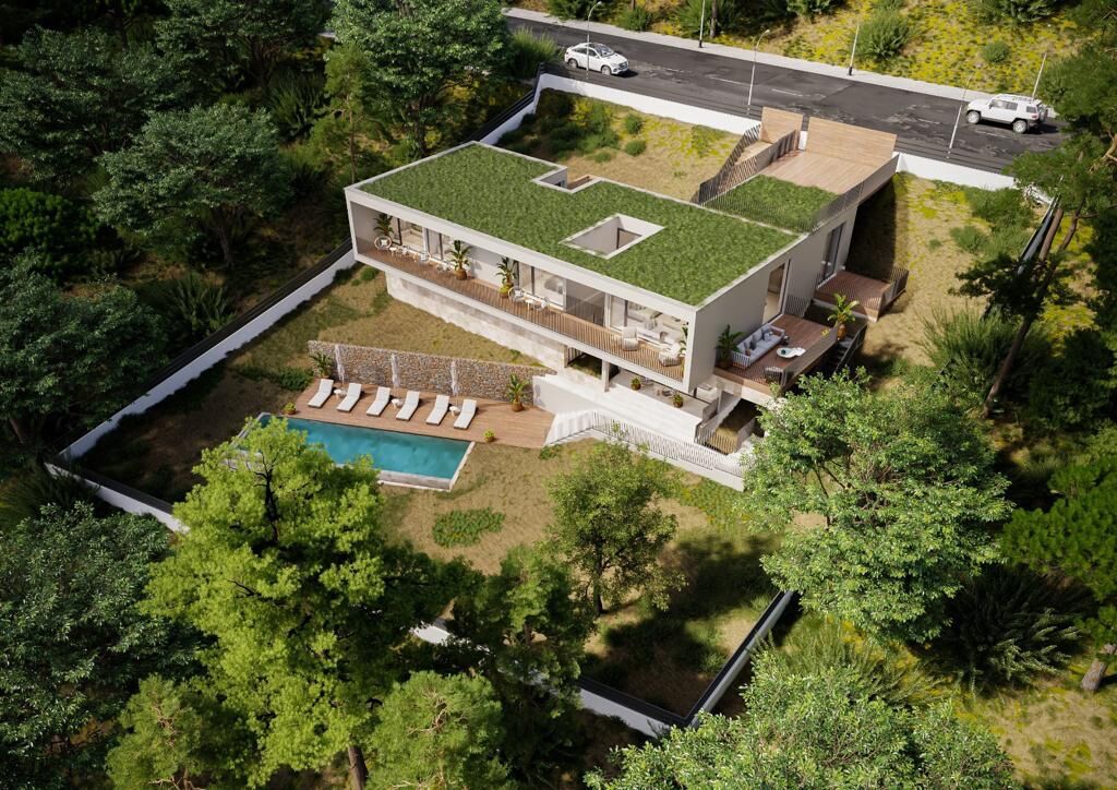 Moderne Villa aus Vogelperspektive