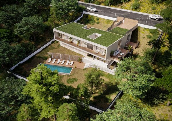 Moderne Villa aus Vogelperspektive